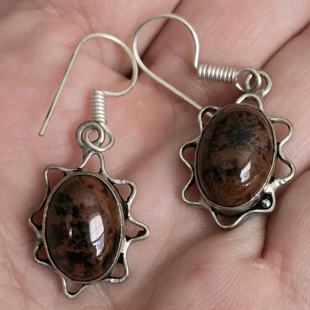 Vintage Mahogany Obsidian Dangle Earrings – Oval Cabochon Gemstone in Silver